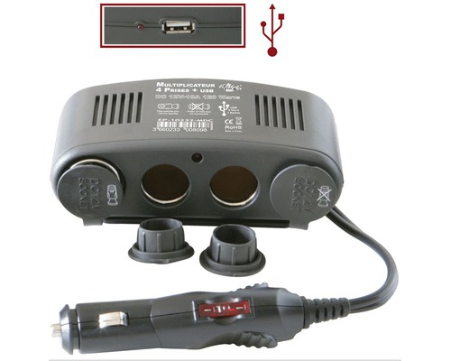 Multiprise allume-cigare 4 sorties 120 watts + USB 5V/1A
