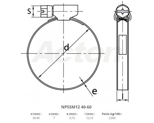 COLLIERS INOX BANDE PLEINE 12mm - 40  a 60 mm VRAC